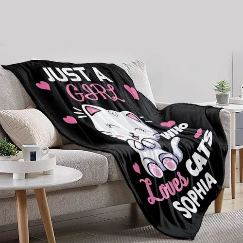 Vista 6 de Manta personalizada con texto en inglés «Just Girl Loves Cats», añade tu propio nombre, mantas de franela personalizadas para niños, perros y gatos