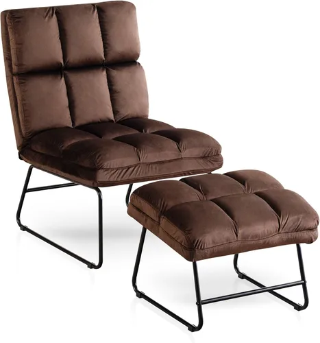 Vista 10 de MCombo Silla decorativa de terciopelo con otomana, acogedora silla de rincón de lectura para espacios pequeños, moderna silla sin brazos para Azul