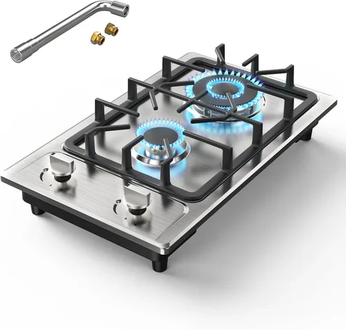 Vista 10 de Estufa de Gas de 2 Quemadores Tope de Cocina de Propano, Tope de Cocina de Gas de Vidrio Templado de 12 Pulgadas Quemador de Gas de Acero Inoxidable