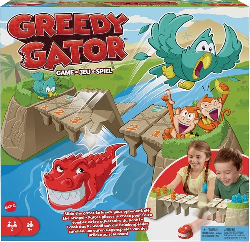 Vista 5 de Mattel Games Greedy Gator - Juego para niños para 2 jugadores para familias y fiestas, consigue que los monos atraviesen el puente primero