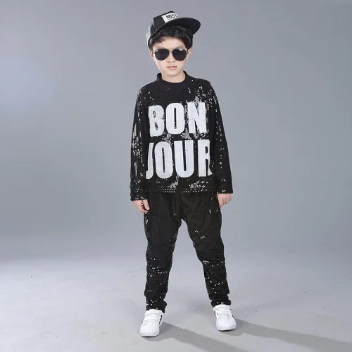 Vista 5 de LOLANTA Disfraz de baile para niños y niñas, ropa de hip hop con lentejuelas de los años 80 y 90, trajes brillantes de baile