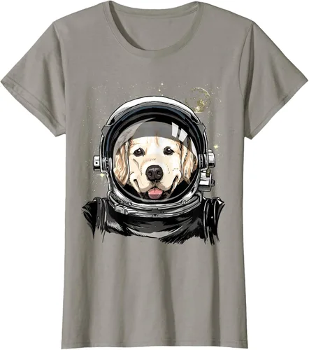 Vista 51 de Camiseta para amantes de los perros de los astronautas del espacio exterior Golden Retriever Lover, Negro