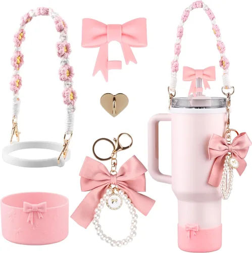 Vista 13 de Set de accesorios negros para vaso Stanley, correa para asa de botella de agua, funda de silicona, cubierta de pajita con lazo, dijes de perla, tapa