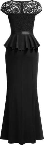 Vista 4 de MISSMAY Vestido largo de cóctel con volantes y encaje floral elegante para mujer Negro