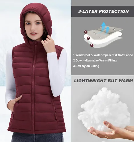Vista 4 de SLOWTOWN Chaleco acolchado ligero y plegable para mujer con capucha desmontable