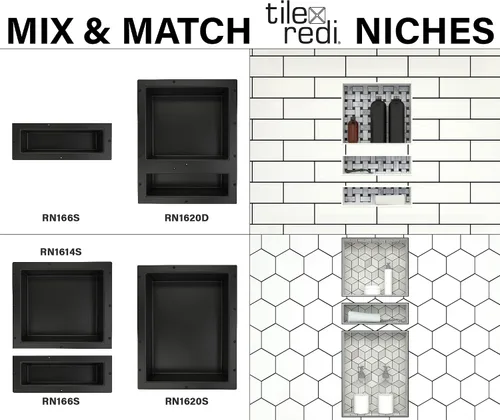 Vista 6 de Tile Redi USA Niche - Estante de ducha empotrable individual, negro, un estante interior, 16 pulgadas de ancho x 6 pulgadas de alto x 4 pulgadas