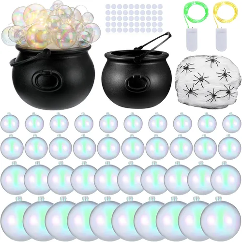 Vista 7 de Jenaai Juego de 96 calderos burbujeantes de Halloween con 40 adornos de bola, 2 tiras de luces de 0.71 oz, 2 arañas falsas, 50 puntos adhesivos