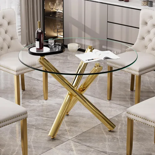 Vista 16 de Mesa de comedor redonda de vidrio para 2-3, parte superior de vidrio templado moderna, patas cromadas resistentes, almohadillas ajustables