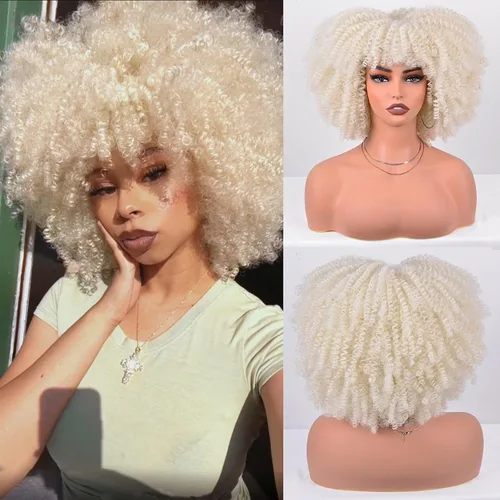 Vista 45 de Vitorish Peluca corta afro rizada con flequillo para mujeres negras, peluca sintética resistente al calor, color negro natural, para uso diario