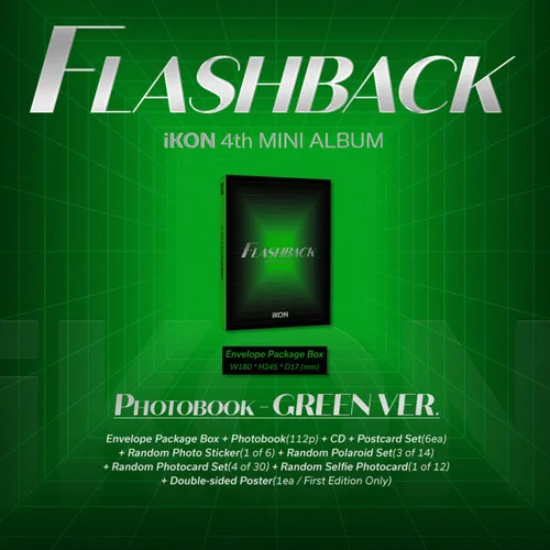 Vista 2 de iKON - 4º Mini álbum FLASHBACK PHOTOBOOK-VERDE ver. Juego de postales para fotolibros + calcomanía para fotos + juego de Polaroid + juego de tarjeta