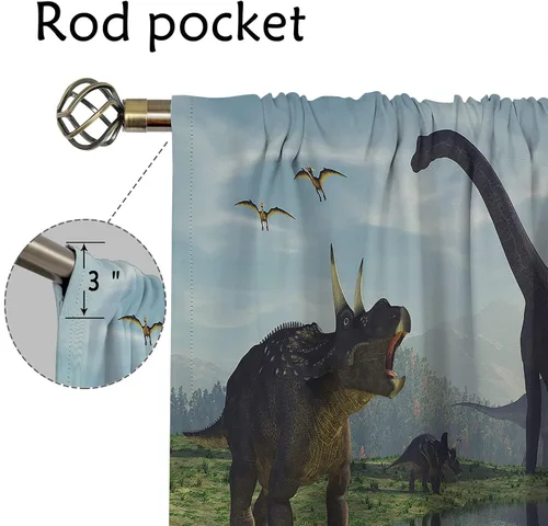 Vista 3 de Cortinas opacas de dinosaurios 3D para decoración del hogar, grupo de dinosaurios en el bosque primitivo, con bolsillo para barra, cortinas