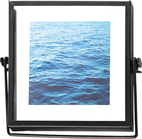 Vista 3 de Moderno marco de fotos cuadrado de metal flotante con cubierta de vidrio y soporte de caballete, color negro, 4 x 4 pulgadas