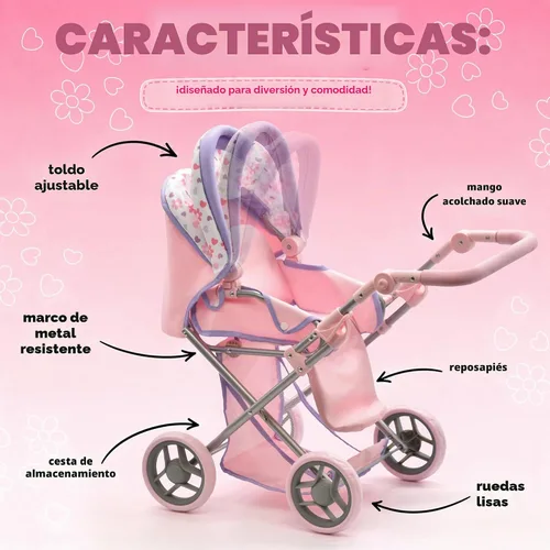 Vista 5 de Cochecito convertible de muñeca con moisés de viaje extraíble para niños, asa ajustable, con toldo y cesta de almacenamiento, 25 pulgadas