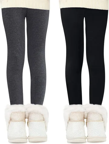 Vista 2 de Domee Leggings con forro polar para niñas, pantalones de invierno de algodón, paquete de 2 unidades, cálidos y gruesos, cintura alta, negro + gris