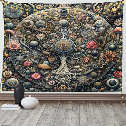 Vista 98 de Ambesonne Tapiz bohemio, diseño floral de bruja, luna y mariposa con adornos de mandala, decoración de tela para colgar en la pared para dormitorio