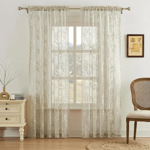 Vista 65 de Cortinas de encaje beige, juego de 2 paneles de cortinas traslúcidas con bolsillo para cortinero, decoración de ventana pequeña, baño, sótano