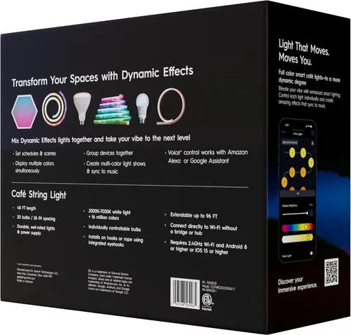 Vista 3 de GE Cync Luces inteligentes para café con efectos dinámicos, luces de cadena para patio que cambian de color, compatibles con Alexa y Google, 48 pies
