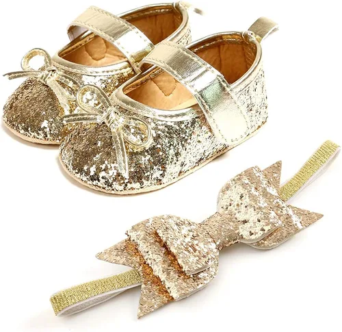 Vista 5 de Zapatos planos Mary Jane para bebé con diadema de lazo, vestido de princesa floral para bebé, suela suave, zapatos de cuna antideslizantes