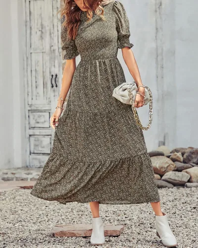 Vista 111 de BTFBM Vestidos para mujer, cuello redondo, casual, de verano, con volantes, manga corta, bohemio, con niveles, fruncido, largo, con estampado floral