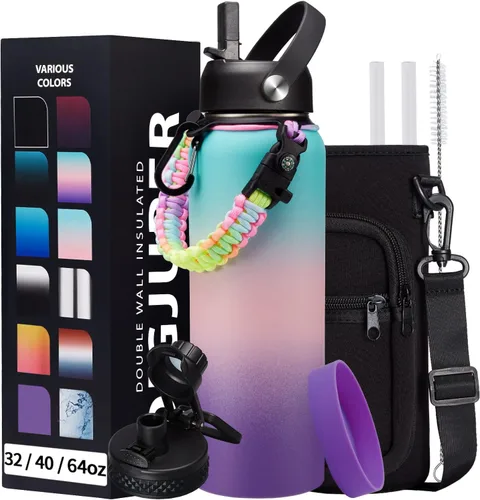 Vista 47 de Botella de agua aislada de 1 galón, con popote y tapa de pico automático, mango de paracord, funda para botella, botella de agua de acero inoxidable