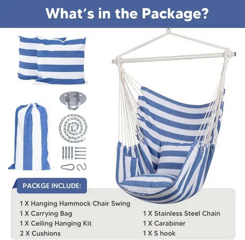 Vista 7 de SUNCREAT Sillas tipo hamaca con barra de soporte de acero, azul y blanco