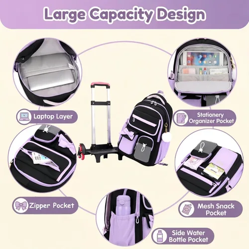 Vista 5 de Mochila con ruedas para niñas, mochila con ruedas para escuela primaria, bolsa de libros con ruedas con 6 ruedas, 3 ruedas negras y azules-6