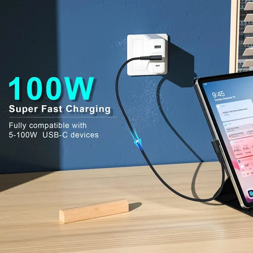 Vista 7 de Cable USB C a USB C de 100 W, 1 pie de 90 grados, nailon trenzado de carga