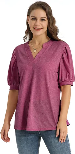 Vista 2 de YESNO Camisas de manga corta para mujer, estilo casual, cuello en V, blusas elegantes de manga abombada, TY0