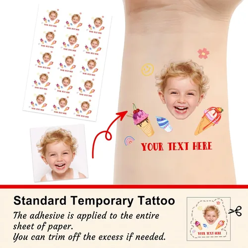 Vista 2 de Tatuajes temporales personalizados para la cara, tatuajes faciales personalizados con nombre de foto, logotipo, texto, calcomanía de tatuaje falsa