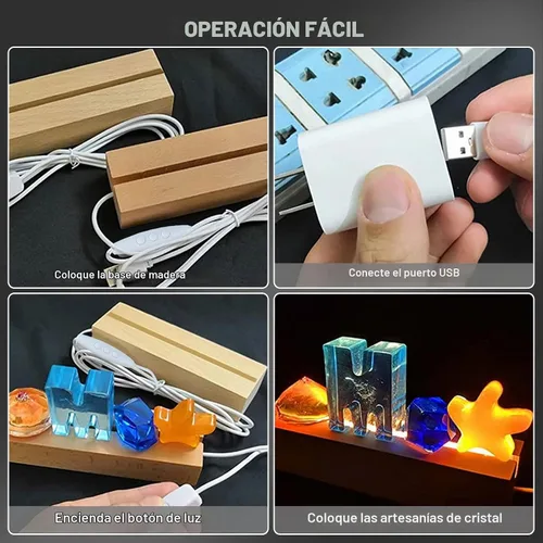 Vista 3 de 2 piezas de base de exhibición de luz LED de madera de 11.81 pulgadas, base de exhibición de luces LED de madera rectangular para acrílico