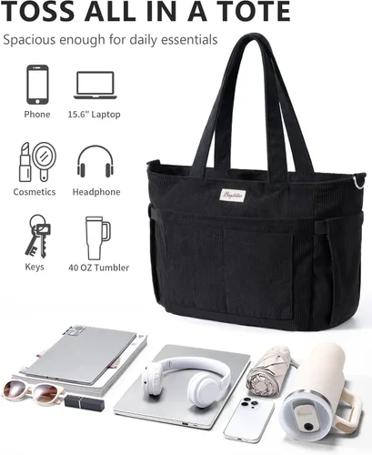Vista 5 de Bolsa tote de pana para mujeres, 17 bolsillos para laptop de trabajo, ligera, para maestras, enfermeras, bolsa de hombro bíblica para escuela