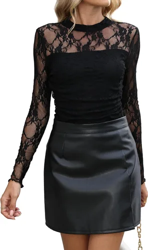 Vista 28 de Camisas de manga larga de malla sexy para mujer, ropa de moda, cuello de tortuga, drapeada, para salir, trajes de otoño, blusas ajustadas Negro