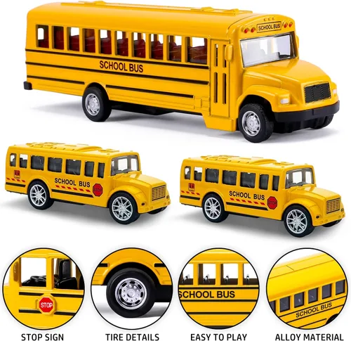 Vista 2 de Juego de 3 autobuses escolares de jalar, vehículos de juguete de metal fundido a presión con amarillo brillante para niños, niñas, niños pequeños