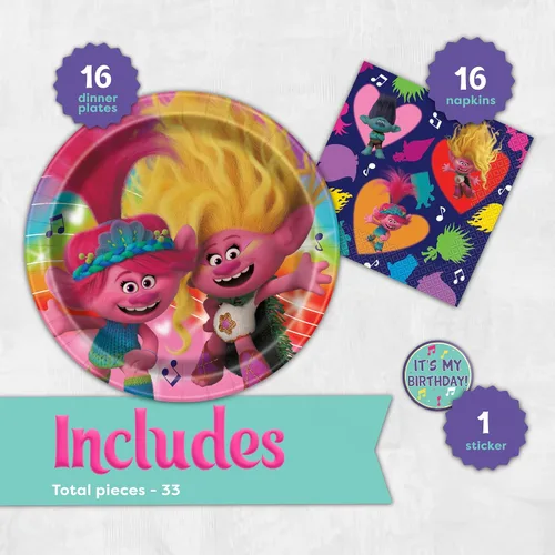 Vista 2 de Trolls - Decoraciones para fiestas de cumpleaños Sirve a 16 invitados Platos de trolls, servilletas, calcomanías