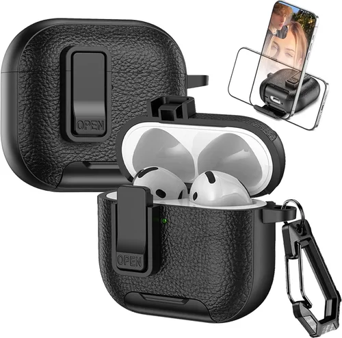 Vista 10 de Funda de cuero con clip de bloqueo para AirPods Pro 2ª/1ª con mosquetón, soporte de carga inalámbrica con soporte, cubierta de protección resistente