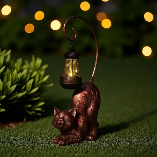Vista 5 de Figura de gato riendo con luz LED alimentada por energía solar, 15.7 pulgadas de alto en bronce antiguo, perfecta para regalo, decoración de jardín