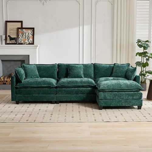 Vista 3 de Sofá seccional modular verde de 111.5", sofás seccionales grandes de 3 plazas para sala de estar, sofá nube oversized de tela chenille con otomana
