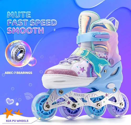 Vista 4 de NEMONE Patines en línea estilo sirena, patines ajustables en 4 tallas para niñas y niños con ruedas iluminadas, para principiantes, uso