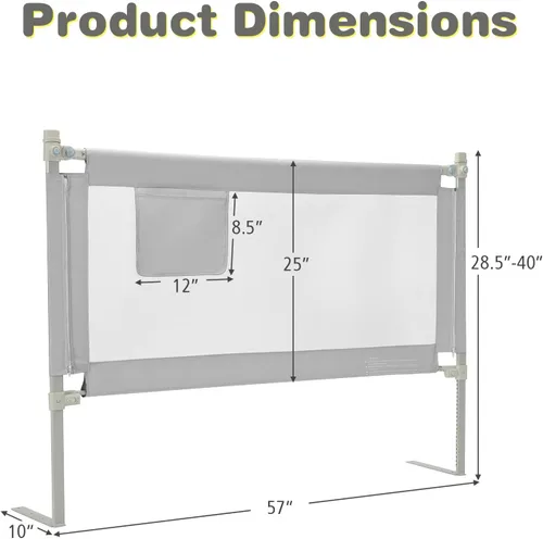 Vista 7 de BABY JOY Riel de cama para niños pequeños, 57 pulgadas, extra largo, altura ajustable, plegable, con bolsillo de almacenamiento y doble bloqueo