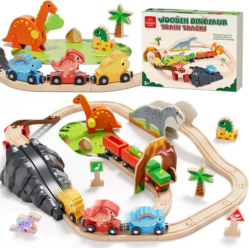 Vista 9 de Lehoo Castle Juego de Tren de Madera - Juego de Tren de Dinosaurio para Niños Pequeños de 2-4 Años, Juguetes de Vías de Tren de Madera y Conjunto