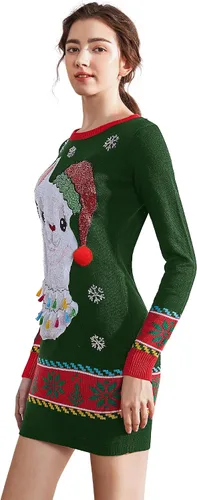 Vista 4 de v28 Vestido feo tipo suéter de Navidad para mujer, tejido, con divertido diseño de renos.