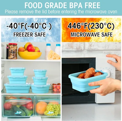 Vista 4 de Yaomiao Paquete de 16 Recipientes Plegables de Almacenamiento de Alimentos con Tapa, 8 Piezas de Tazón de Almacenamiento Rectangular y 8 Piezas