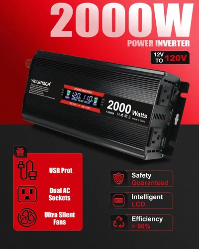 Vista 2 de Inversor de 2000 vatios de 12 V a 110 V/120 V, inversor de CC a CA de 2000 W con pantalla LCD inteligente, salidas de CA duales, puerto de carga USB