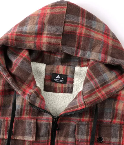 Vista 4 de V VALANCH Chaqueta de franela para hombre con capucha, manga larga, abrigo a cuadros con cremallera, sudadera gruesa con 4 bolsillos
