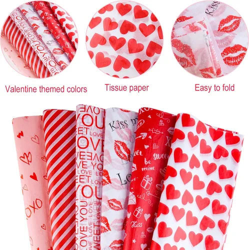 Vista 5 de CHRORINE 60 hojas de papel de seda de San Valentín, 6 diseños, papel de regalo para el día de San Valentín, decoración de manualidades de fiesta