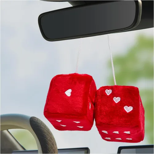 Vista 8 de 1 par de dados de felpa mullidos para espejo de automóvil, dados cuadrados retro de 3 pulgadas con forma de corazón, adorno colgante de dados retro