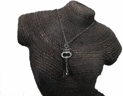 Vista 2 de Steampunk largas Gunmetal clave con corona parte superior Colgante y Link Cadena