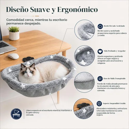 Vista 3 de Cama de escritorio para gatos, hamaca de escritorio ajustable para Grisclaro