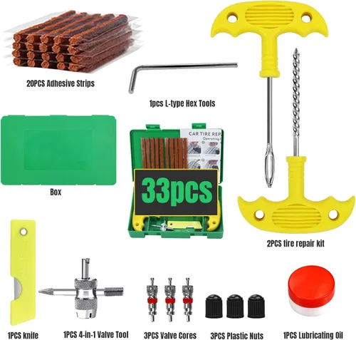 Vista 2 de Kit de reparación de neumáticos, 33 piezas, kit de enchufes de neumáticos resistentes, herramientas universales de reparación de neumáticos