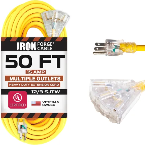 Vista 17 de Iron Forge Cable Cable de extensión resistente de calibre 12, 2 pies, color amarillo SJTW 12/3 Outdoor Cable, Lighted End, 3 Prong Grounded Plug